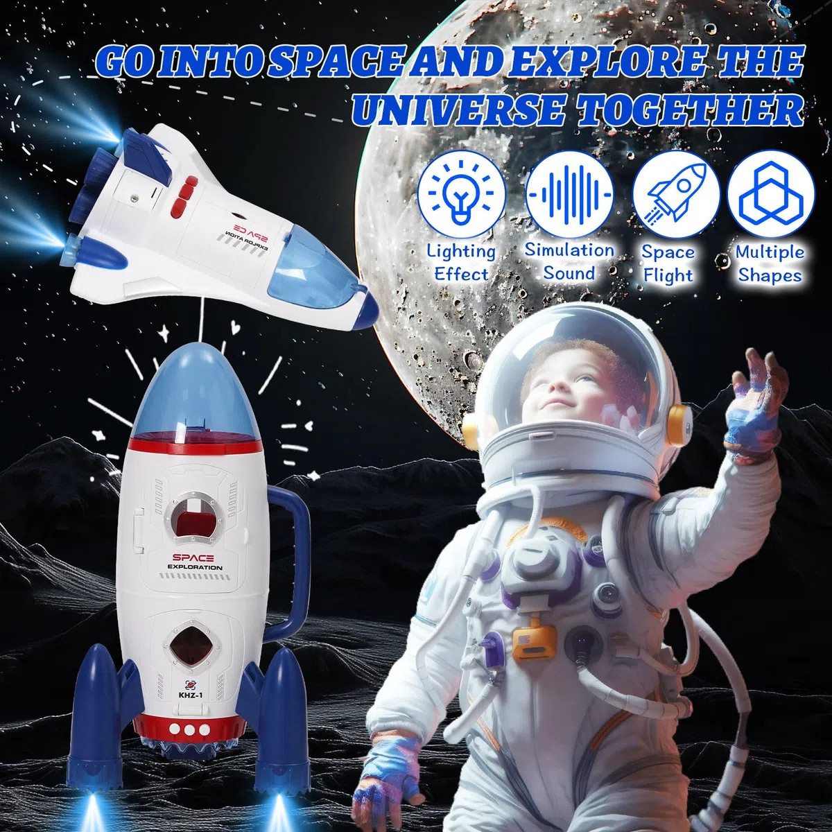 Set da gioco astronautica con luce e suono per ragazzi e ragazze, con 3 personaggi astronauti, 1 razzo spaziale, 2 rovers spaziali, 1 navetta, Astro Venture