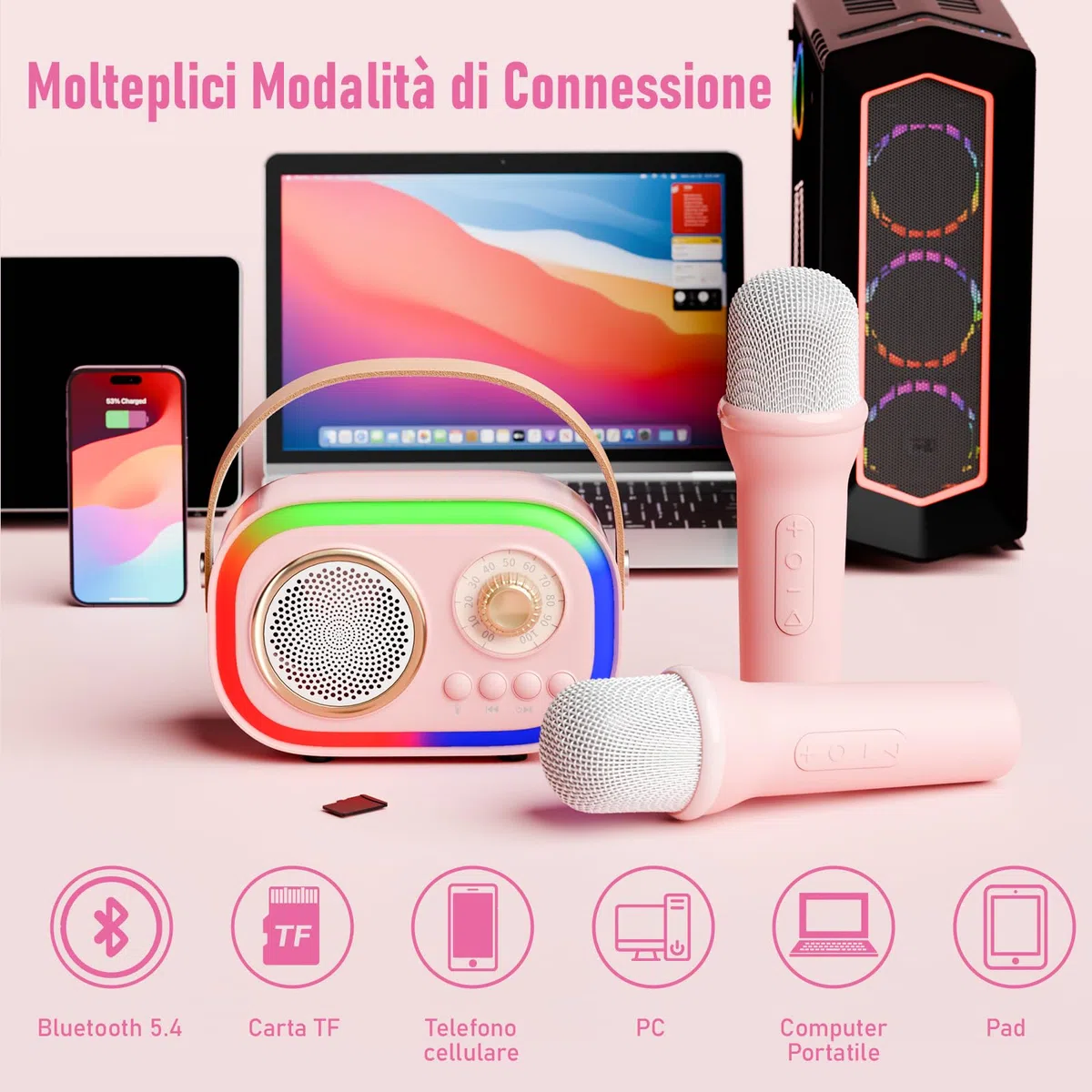 Karaoke per Bambini e Adulti con 2 Microfono, Regalo Bambina 3-18 Anni Macchina per Karaoke Bambini Bluetooth con 5 LED e 12 Effetti Vocali，Giochi Bimba 3-18 Anni,Regalo Natale Compleanno Giocattoli