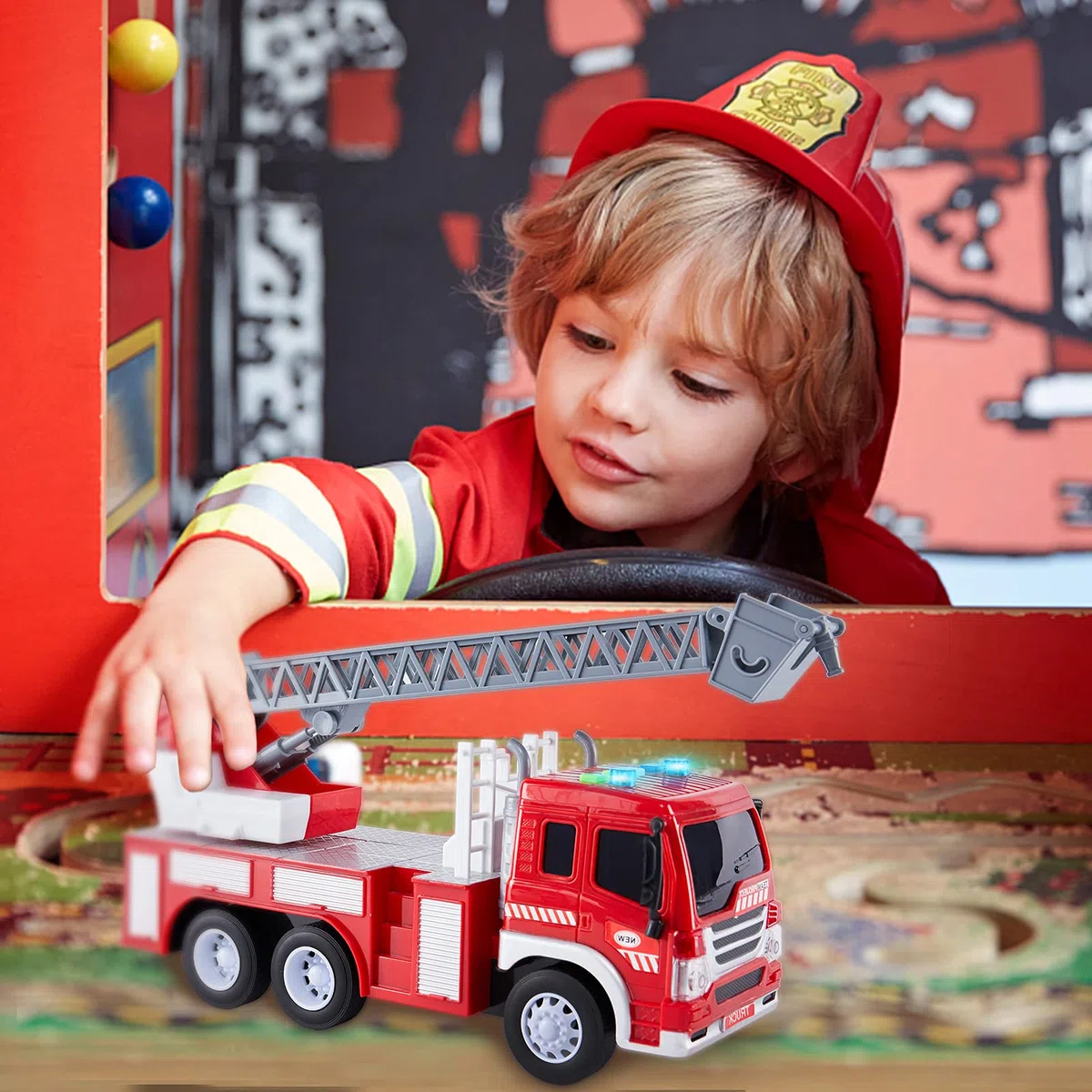 HERSITY Camion Pompieri Giocattolo Grande, Giochi Vigili del Fuoco con Luci e Suoni, Scala Retrattile, 1/16 Camioncino con Macchinine per Bambini Maschio 3 4 5 Anni