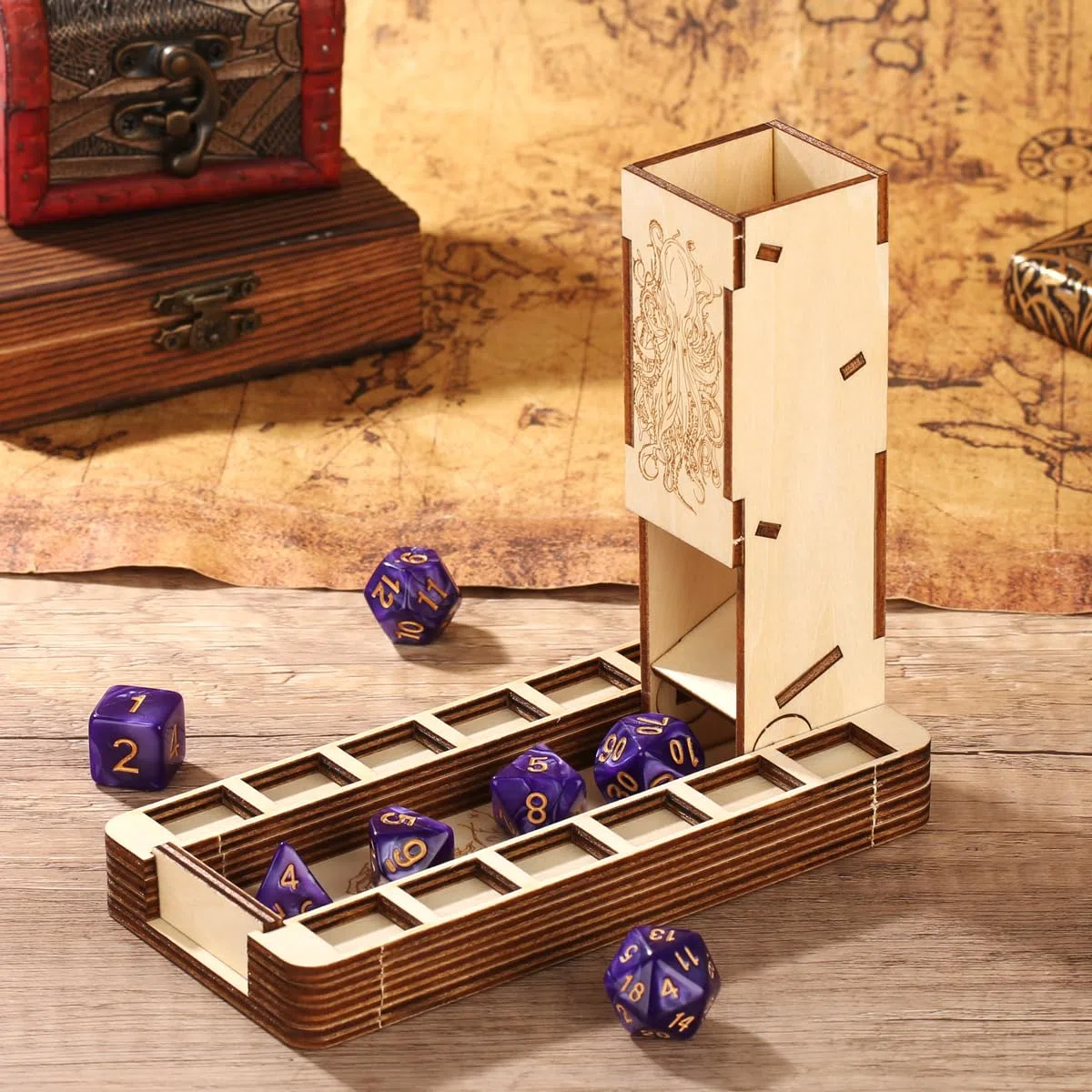 Vassoio per dadi in legno pieghevole DND, accessori D&D, Torre per dadi D20 mano magica, strumenti per giochi da tavolo, Giochi di ruolo scatola per