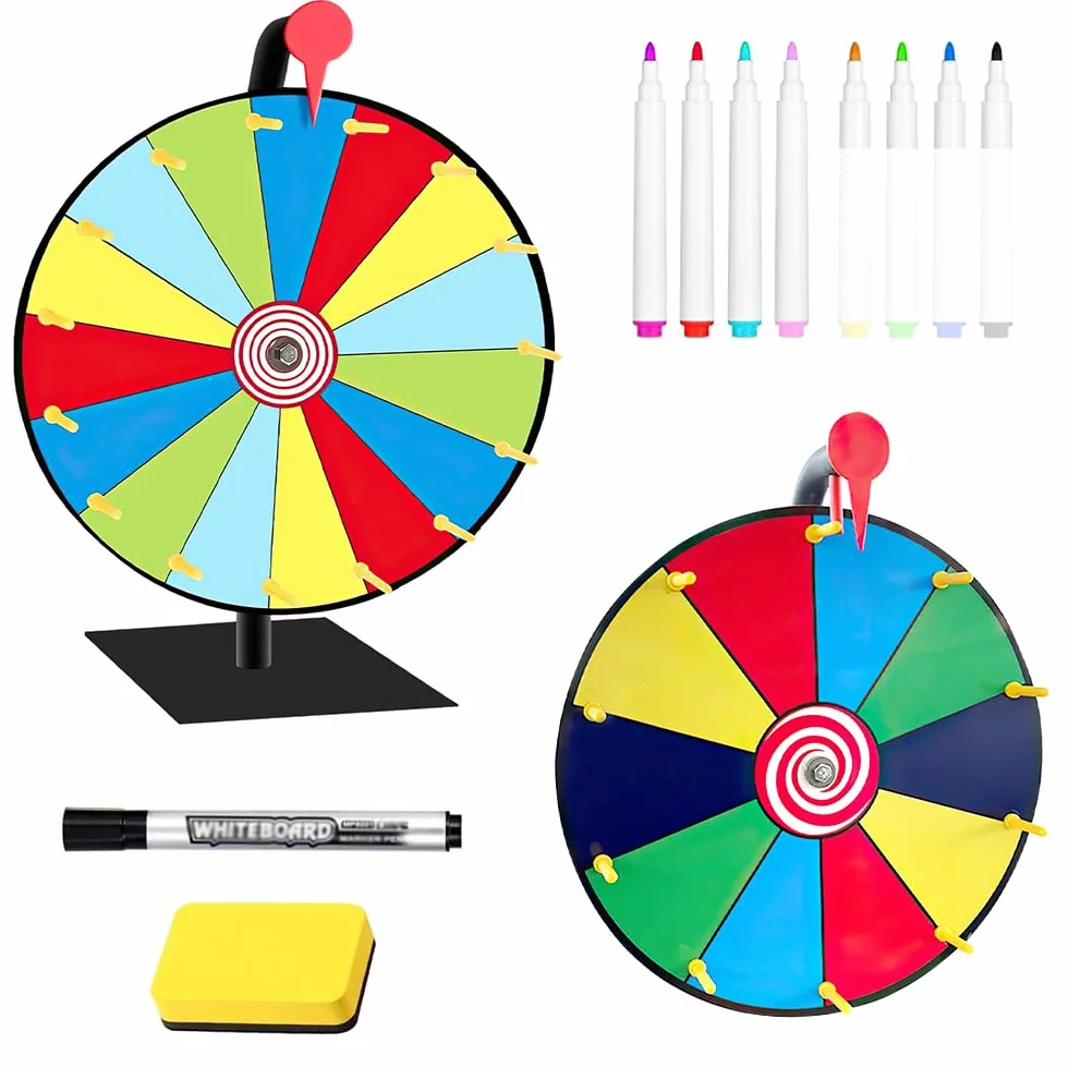 Ruota della Fortuna, 1x10 Slot Ruota Girevole per Premi, 1x 15 Slot Ruota Premio da Tavolo Spinning con Gomma e pennarelli, Gioco Ruota della Fortuna dei Colori per Fiere Feste Pub Carnevale