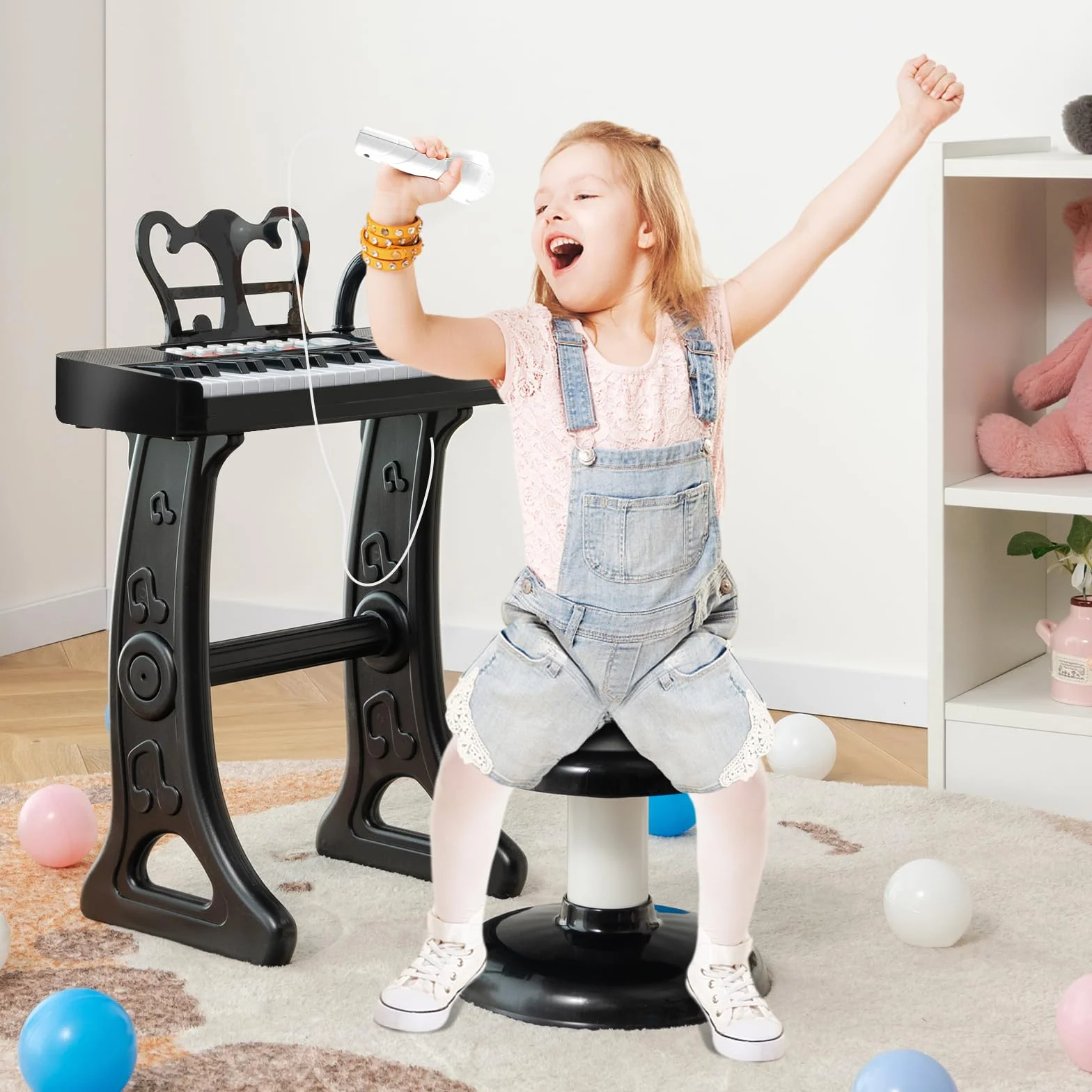 KOMFOTTEU Pianola Bambini Musicale Tastiera, Tastiera Digitale a 37 Tasti, Mini Tastiera con Effetti Luminosi e Microfono, Strumenti Musicali con Sgabello, 22 Battiti/4 Toni/4 Ritmi (Nero)