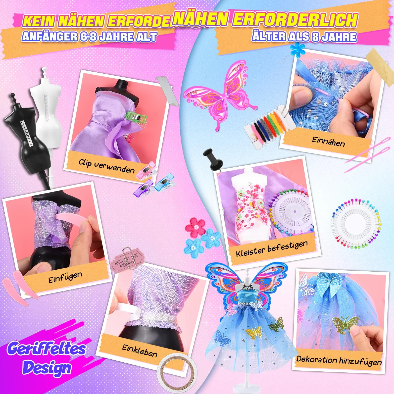 JONRRYIN Fashion Designer Kit, 600+ Kit di Design di Moda per Ragazze, Kits da Cucito per Bambini con 2 Manichini, Arte e Artigianato Creativo Design Moda per Bambine 8 9 10 11 12 Anni