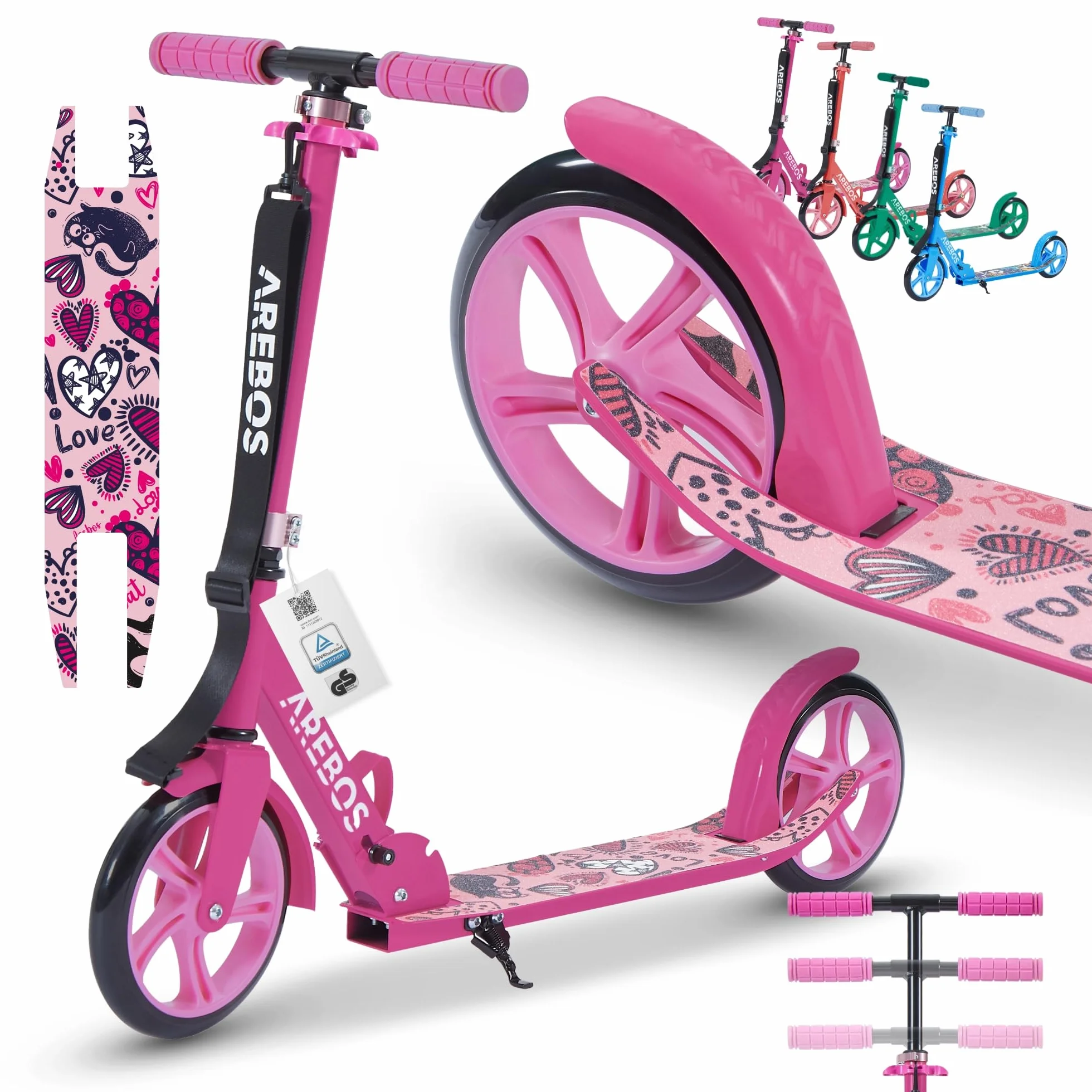 Arebos city scooter a pedali monopattino regolabile in altezza | pieghevole | incl. cinghia di trasporto | ruote XXL | freno a pedale | per bambini e adulti | capacità di carico fino a 100 kg