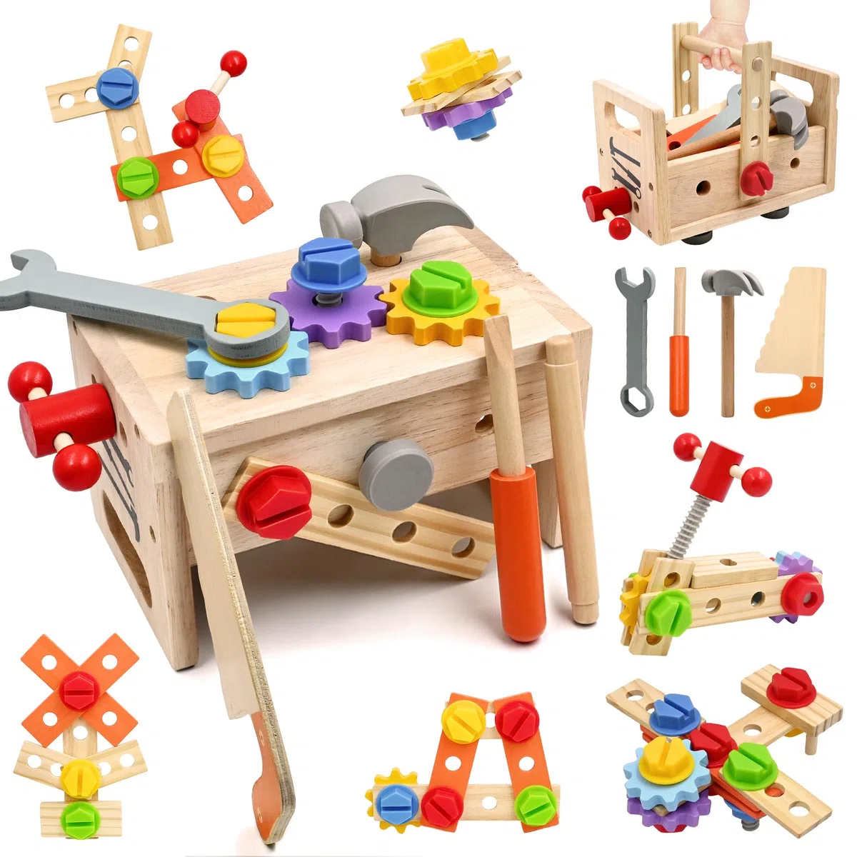 AiTuiTui Attrezzi in Legno Bambini Montessori Giochi, 29 Pezzi Cassetta con degli Attrezzi, Fai-da-Te Banco da Lavoro, Regalo Bambina Bimbo 3 4 5 6 Anni