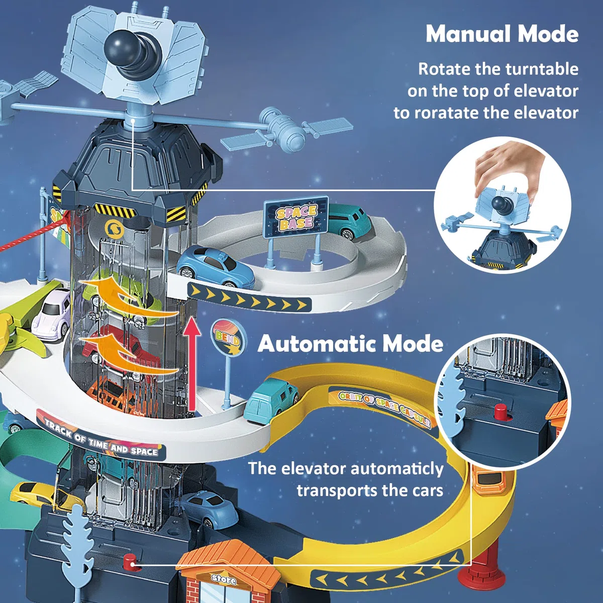 RedCrab Ascensore per auto da corsa per ragazzi, rampa spaziale per bambini rampa per arrampicata colline parcheggio avventura playset, auto satellitari garage pista con ascensore elettrico giocattolo