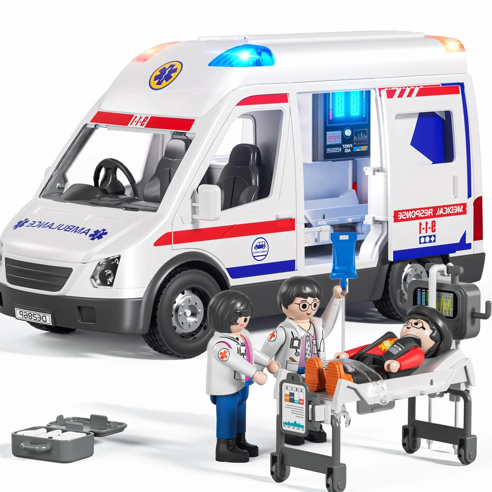 Ambulanza Elettrica per Bambini con Luci e Suoni - Veicolo di Soccorso con Barella, Giocattolo Interattivo - Regalo Educativo per Ragazzi e Ragazze dai 3 agli 8 Anni