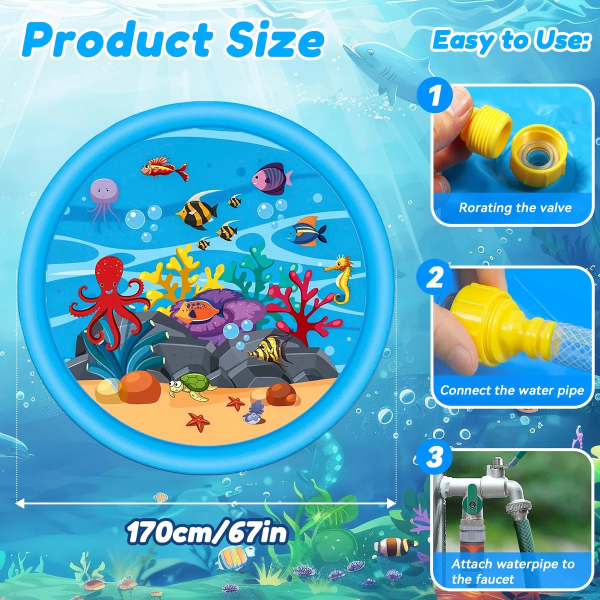 170CM Tappeto d'Acqua, Tappeto Gioco d'Acqua, Giocattolo Estivo per Acqua, Gioco d'Acqua all'Aperto per Bambini e Animali Domestici, Adatto per Attività all'Aperto, Feste in Spiaggia e Giardini
