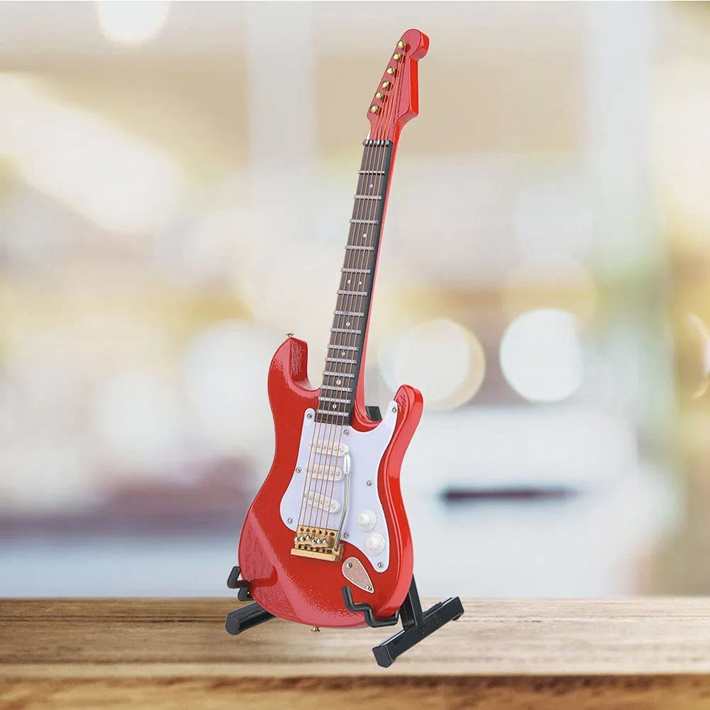Chitarra elettrica in miniatura in legno con supporto, delicata replica elettrica da 18 cm Replica da collezione Figurine Display Ornamenti del moo