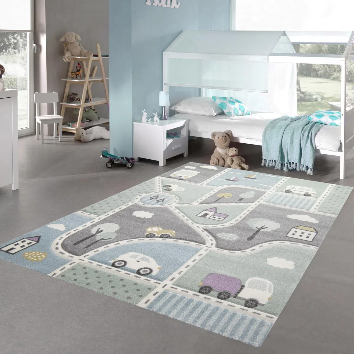 Tappeto bambini tappeto strada tappeto ragazzo strade automobili in verde blu Größe 140x200 cm