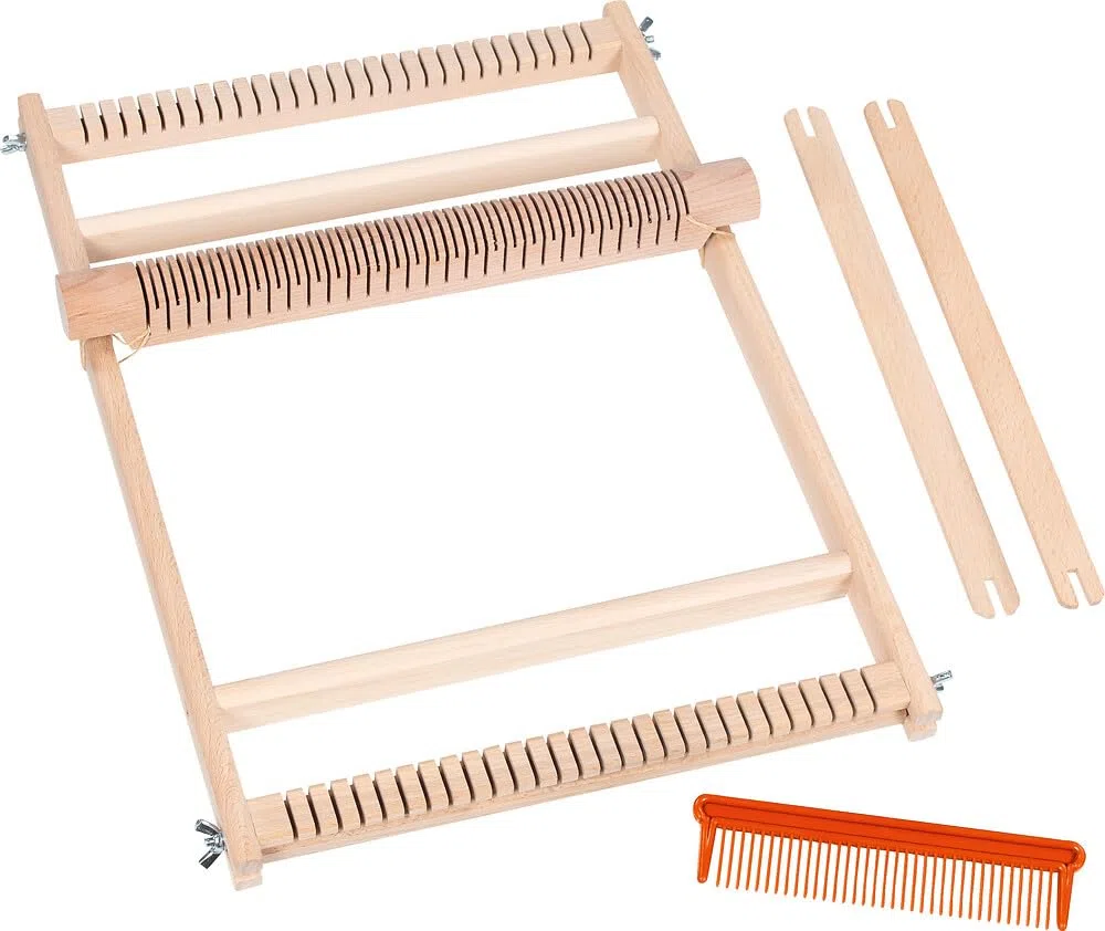 goki 58288 – Cornice per la scuola 25 cm, grande cornice in legno con pettine e 2 navi tessute intrecciate e intrecciate, con istruzioni passo-passo