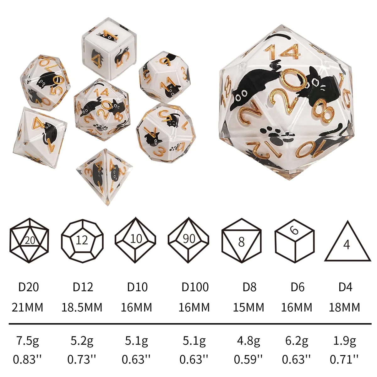 DND - Set di 7 dadi in resina poliedrici, a forma di gatto, con bordo affilato, in resina poliedrica, con confezione regalo, per giochi di ruolo e giochi di ruolo DND MTG