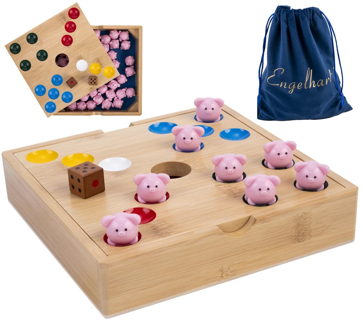 Engelhart-350444 – Gioco del Maialino – Gioco da Tavolo Familiare – Scatola in Legno di Bambù – 60 Maialini in Silicone + 2 Dadi + Regole – Divertente per Bambini e Adulti