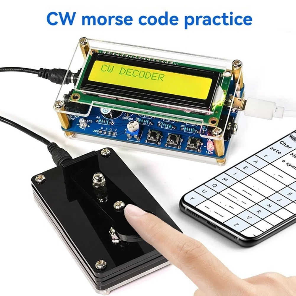 Aggiornato CW Morse Code Decoder +Case+Pulsante Kit con LCD Digitale CW Trainer Kit Decodificatore Codice Morse