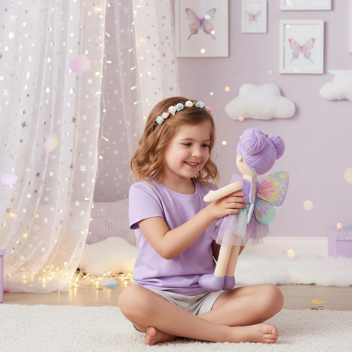 Yaritza - Bambola fatata incantata da 40 cm, morbida bambola di peluche, regalo per ragazza, vestito viola e ali