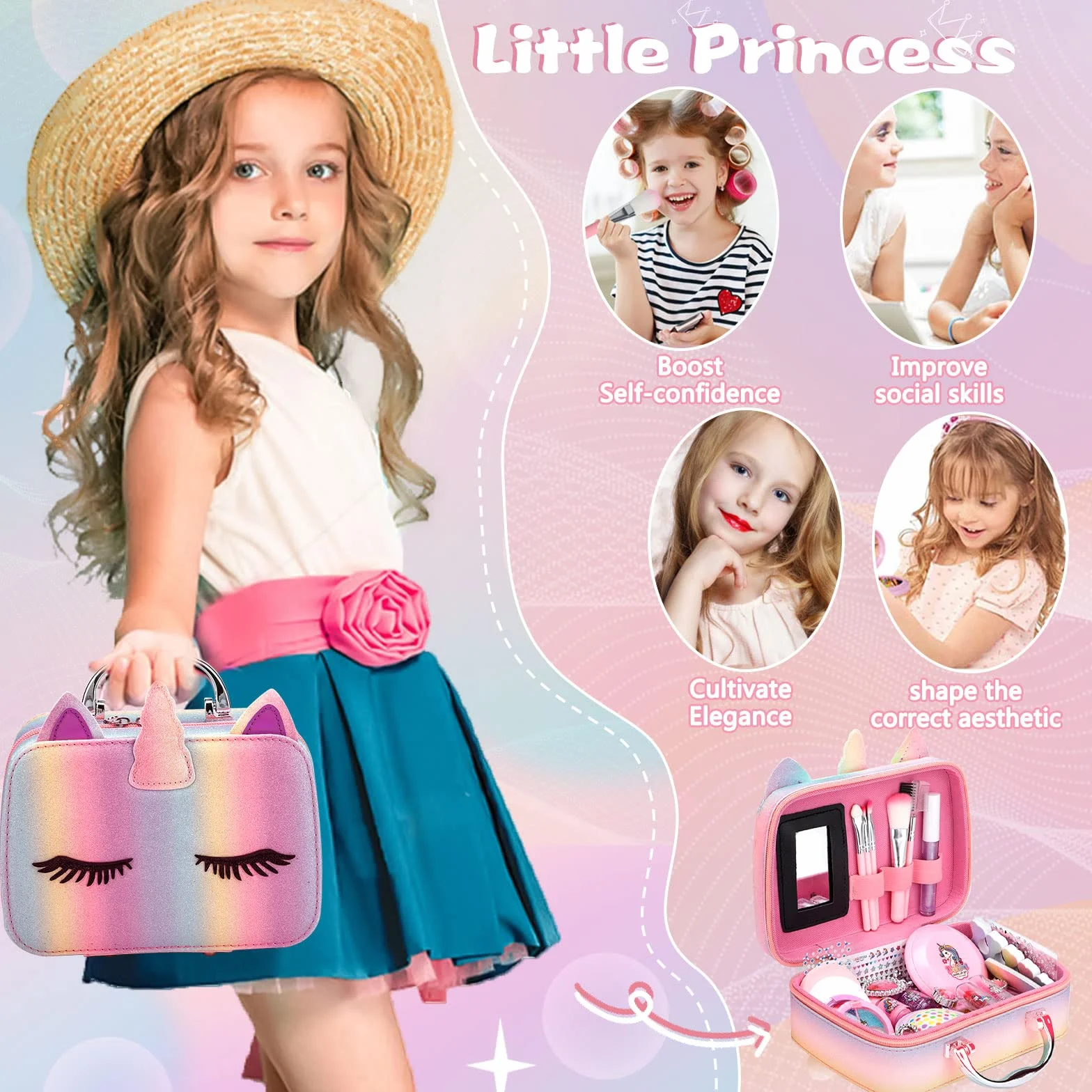 Set di trucchi per bambine, 31 pezzi, lavabili, con astuccio per il trucco, set per il trucco per Natale e compleanno, per bambine e ragazze