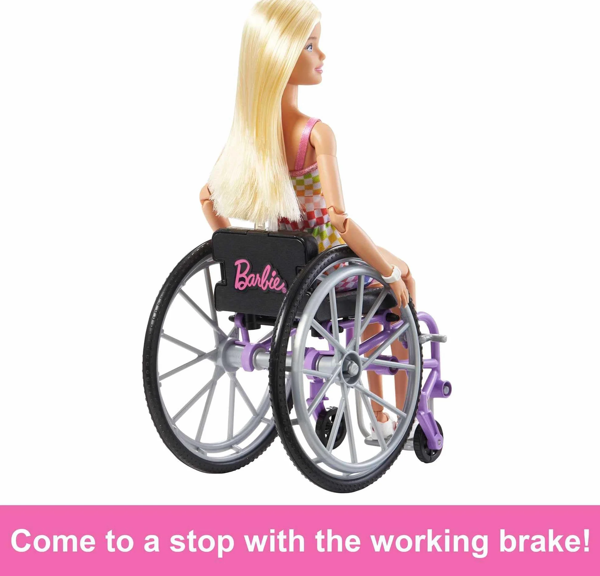Barbie - ​Barbie Fashionistas Bambola con sedia a rotelle e rampa, Tutina arcobaleno, Abiti e accessori, giocattolo per bambini 3+ Anni, HJT13