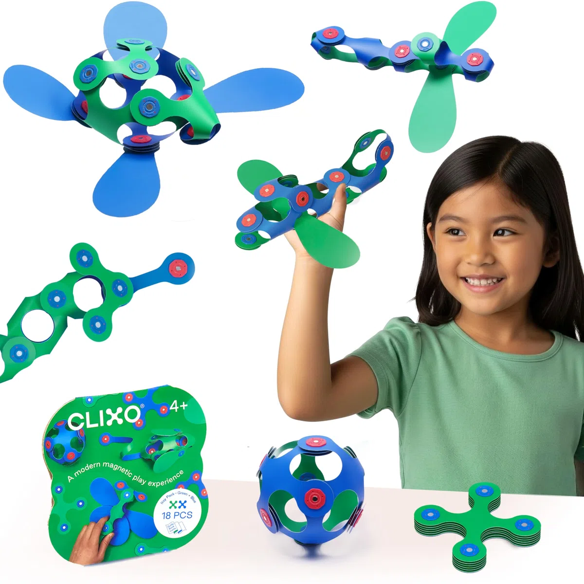 Jeu de construction magnétique Clixo Itsy Pack 18 pièces Vert et Bleu