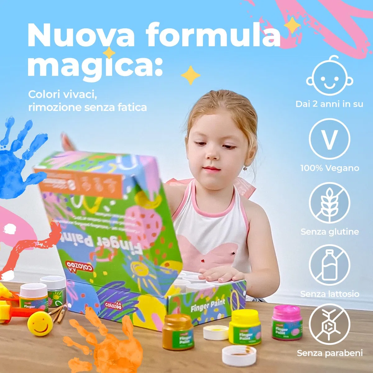colozoo Colori a Dita per Bambini Atossici Inc. accessori | Tempere Lavabili per Bambini 8x100ml Colori Inc. Oro e argento | Senza Parabeni, Glutine e Lattosio, a Base D'acqua, Vegano