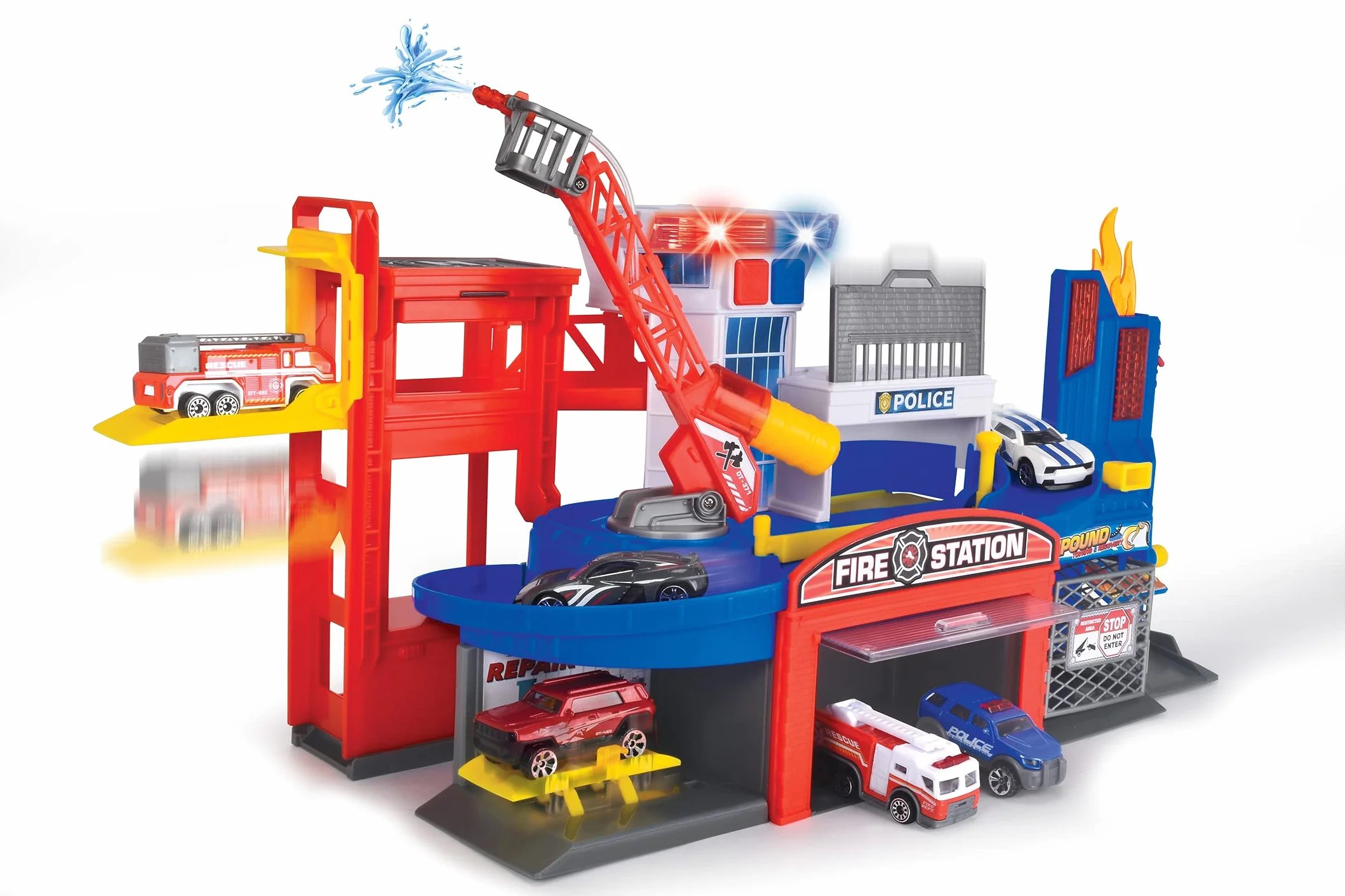 Dickie Toys 203719021 Vigili del Fuoco e della Polizia – Garage con 2 Auto Giocattolo con Ascensore, Luce Blu, Sirena, Funzione Estinzione, per Bambini dai 3 Anni, Multicolore