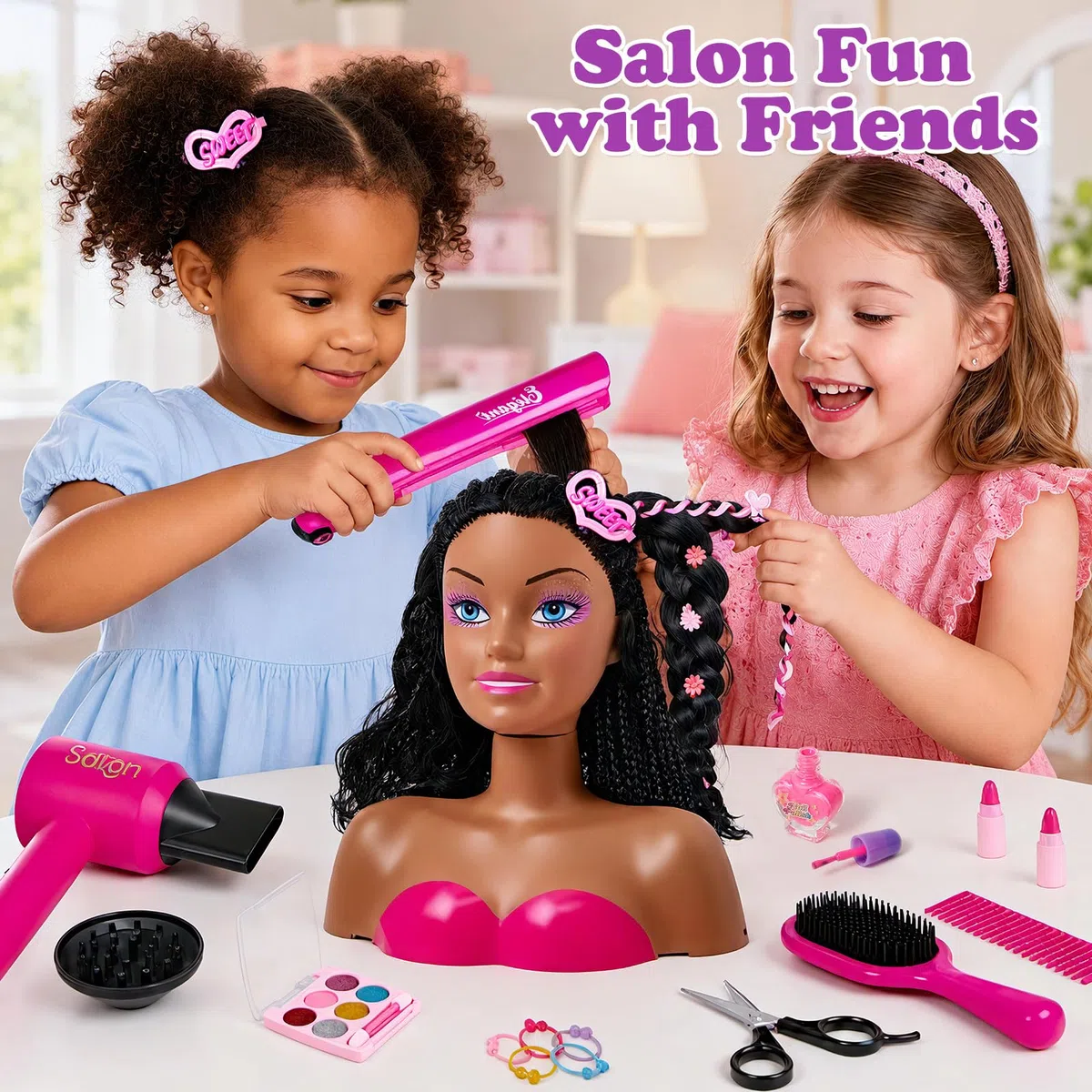 Tacobear Testa Bambola da Truccare e Pettinare con Smalto Unghie Trucchi Asciugacapelli Giocattolo Piastra Accessori per Capelli Set Parrucchiera Giochi Bambina Regalo 3 4 5 6 7 8 Anni