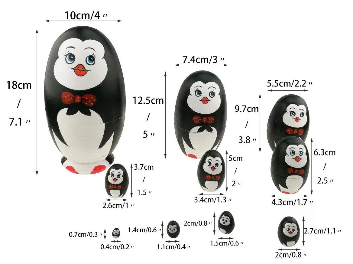 Winterworm Set di 10 bambole matrioska a forma di pinguino a forma di uovo in legno, fatte a mano, giocattolo per bambini, idea regalo