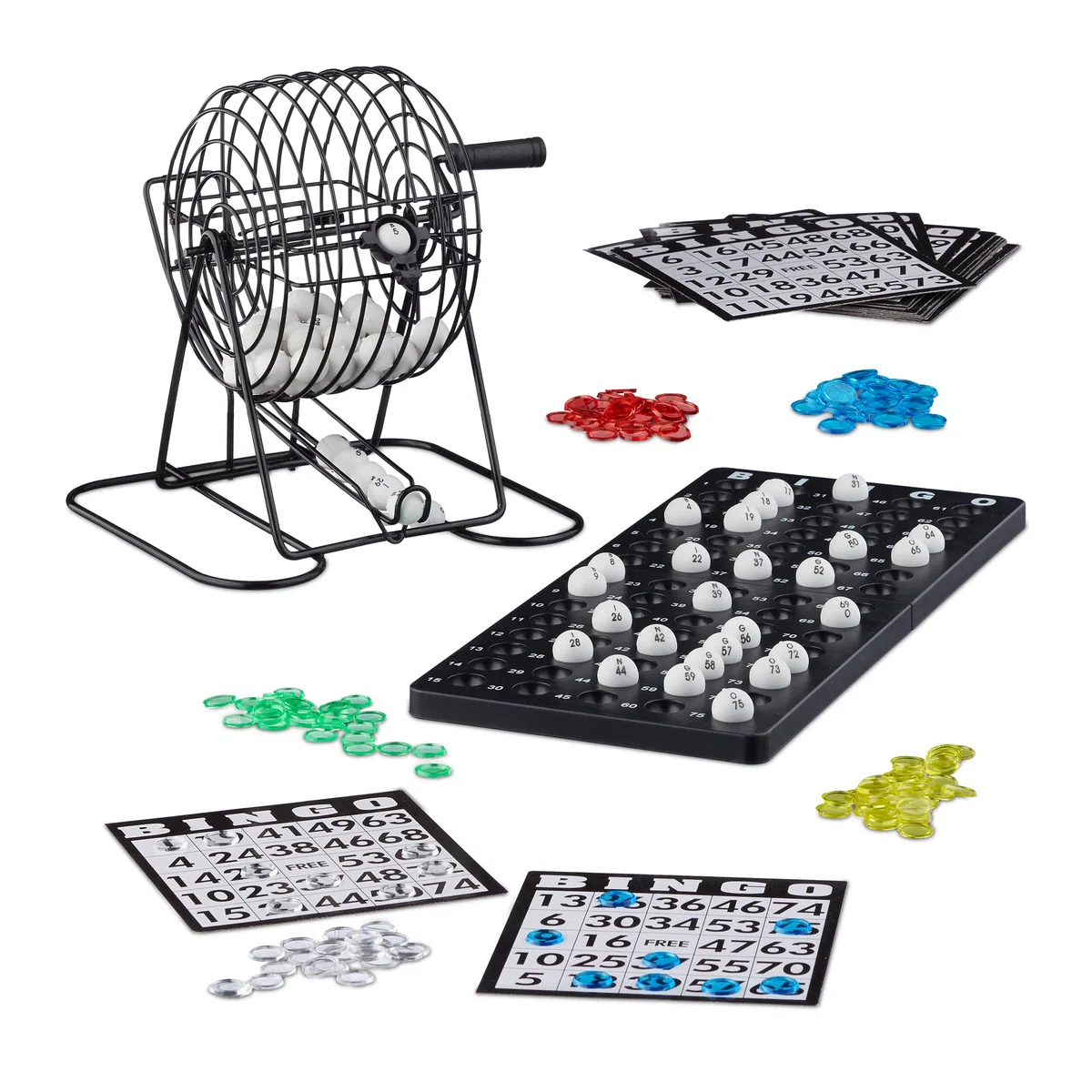 Relaxdays Tombola Automatica, Gioco del Bingo con Cesto in Metallo, Giochi di Società, 20x17,5x21,5 cm,Kit Completo,nero