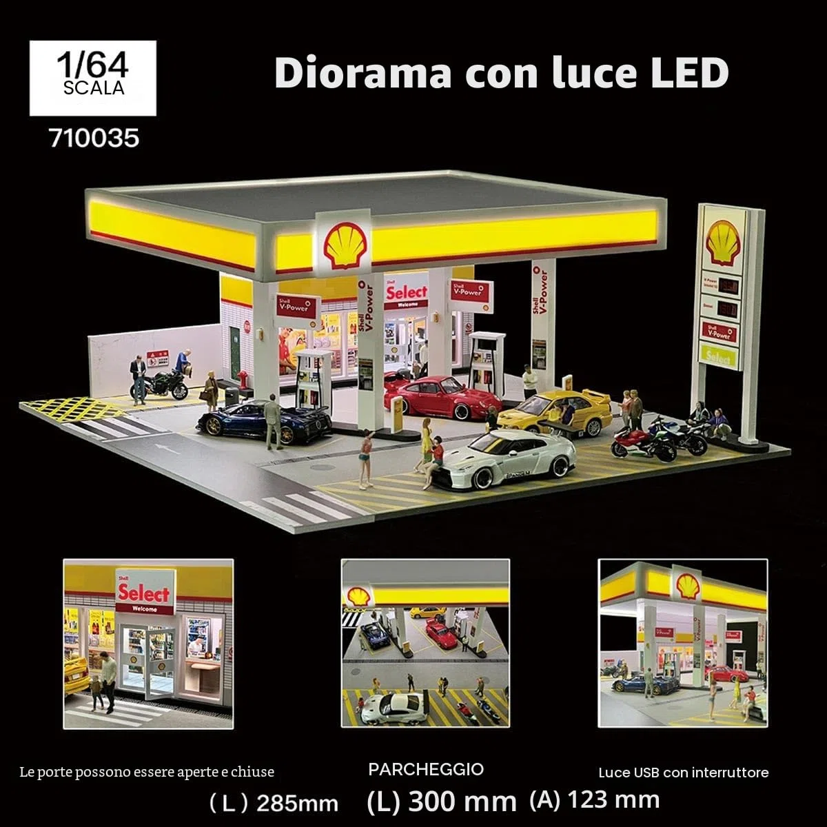 1:64 Shell Petrol Station Model Scene, edificio in miniatura con illuminazione e accessori, set di diorama realistico per auto e collezionisti di display