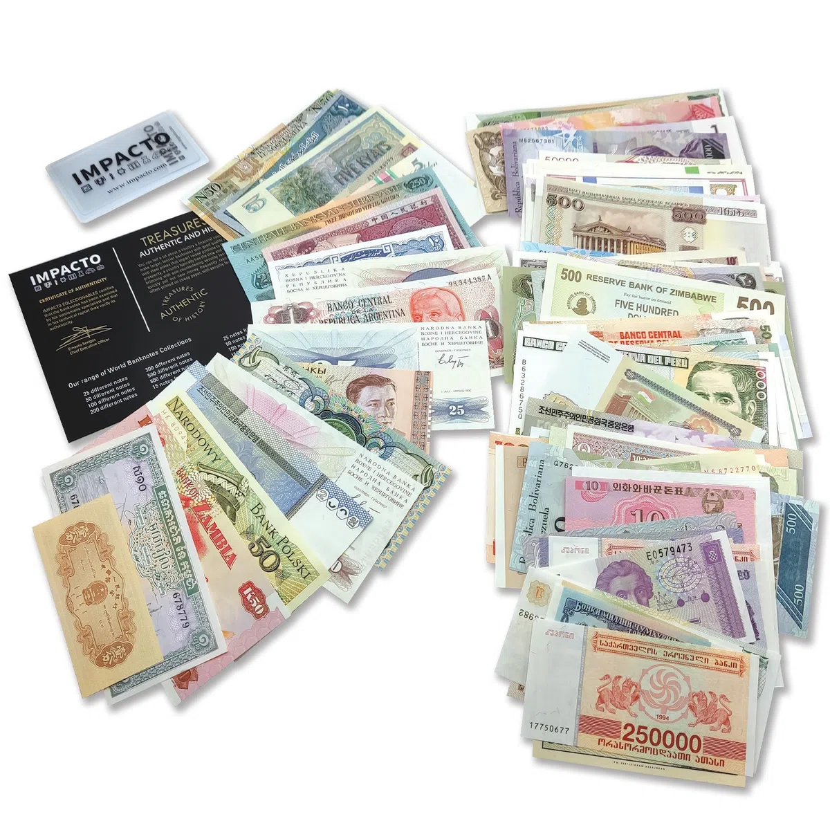 IMPACTO COLECCIONABLES Collezione Mondiale - 100 Banconote Fior di Conio da Paesi diversi, con Certificato di Autenticità - Vecchia Carta Moneta per Collezionisti, Scuole e Musei