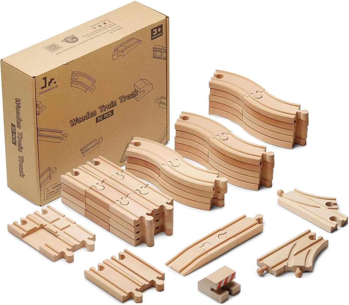 SainSmart Jr. Ferrovia in legno, 52 pezzi, estensione binario, compatibile con tutte le marche più comuni, set di treni giocattolo ferroviari per bambini a partire dai 3 anni in su