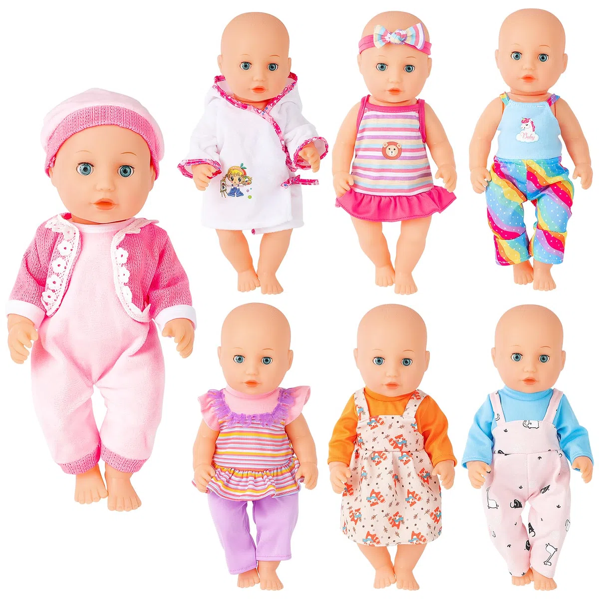 deAO Set di Abiti per Bambole 12-14 Pollici, 7 Pezzi Abbigliamento Lavabile, Facile da Cambiare, Regalo per Bambine, Abiti Colorati per Bambole (Bambola Non Inclusa)