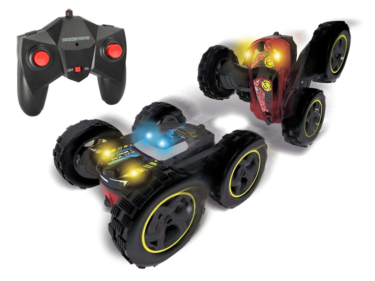 Dickie Toys RC Tumbling Flippy, RTR, 1:28, 2 canali, 2,4 GHz, luci sul davanti e sul tettuccio, funzione flip, velocità fino a 8 km/h, cm.18