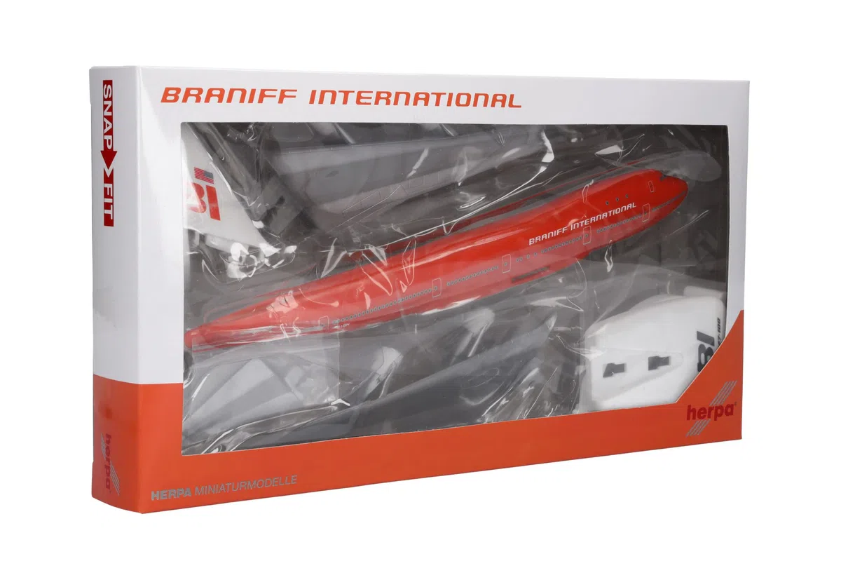 herpa modello di aereo Braniff International Boeing 747-100 "Big Pumpkin, in scala 1:250 - Snap-Fit, pezzo da collezione, miniatura deco, statuetta con supporto in plastica
