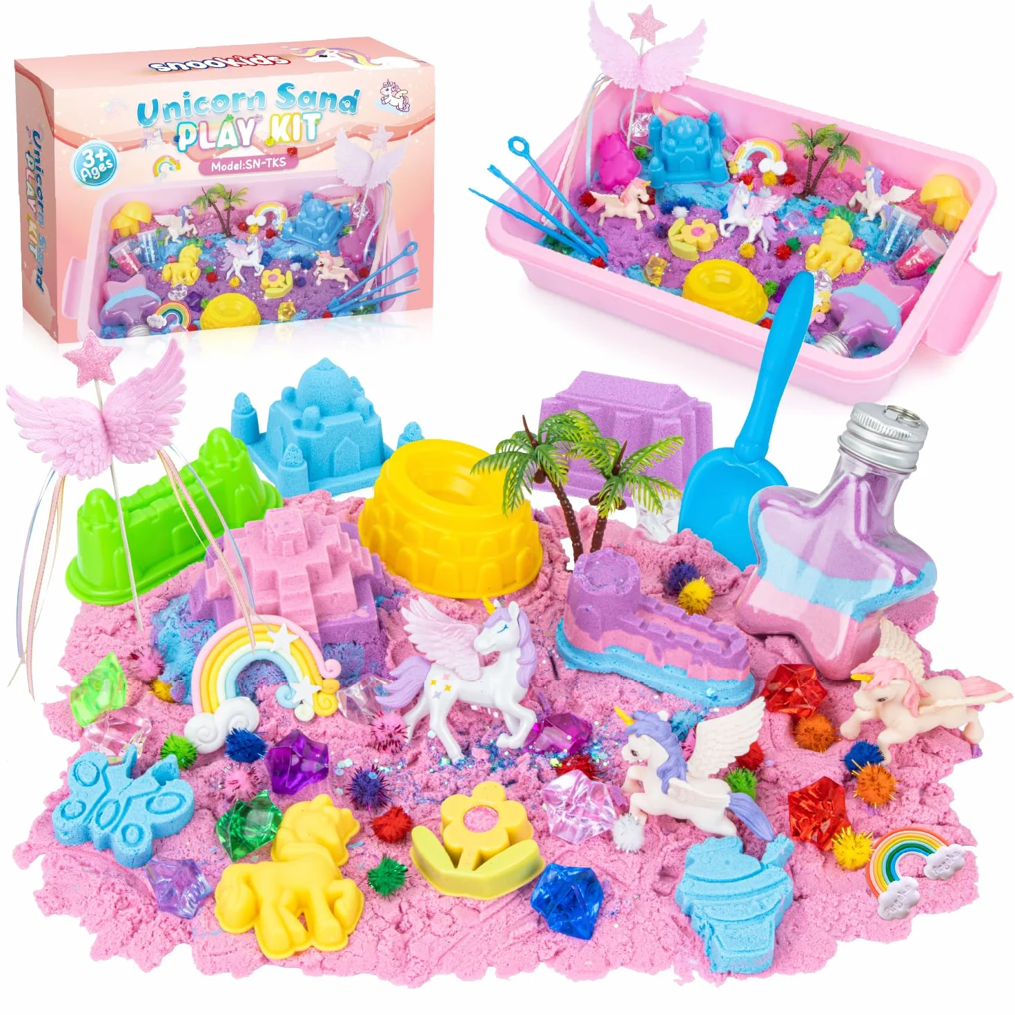 snookids Sabbia Magica per Bambini, Set di Giocattoli da Sabbia Unicorno, con Cera d'api Naturale, 24 Formine, 3 Unicorni, Conchiglia con Coperchio, Sensoriale per Giochi bambina 3 4 5 6 7 8 9+ Anni