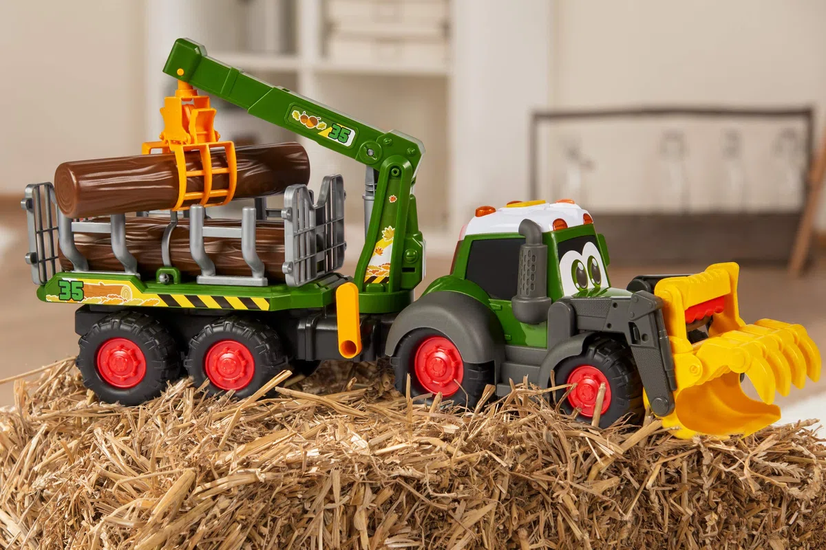 Dickie Toys ABC Fendt Forester, escavatore giocattolo con rimorchio, artiglio meccanico tramite maniglia, tronchi, luce e suono, batterie incluse, lunghezza 65 cm, verde