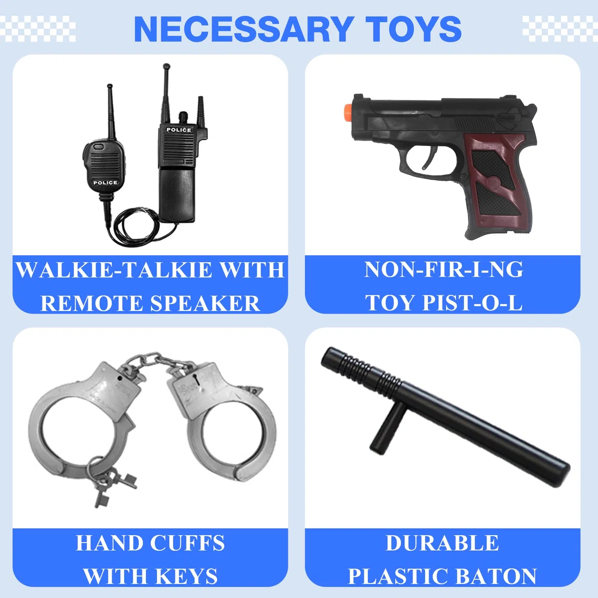 Costume da Polizia Deluxe con Manette, Walkie-talkie Fischietto, Bastone, e altri Accessori della Polizia per Abiti da Poliziotto