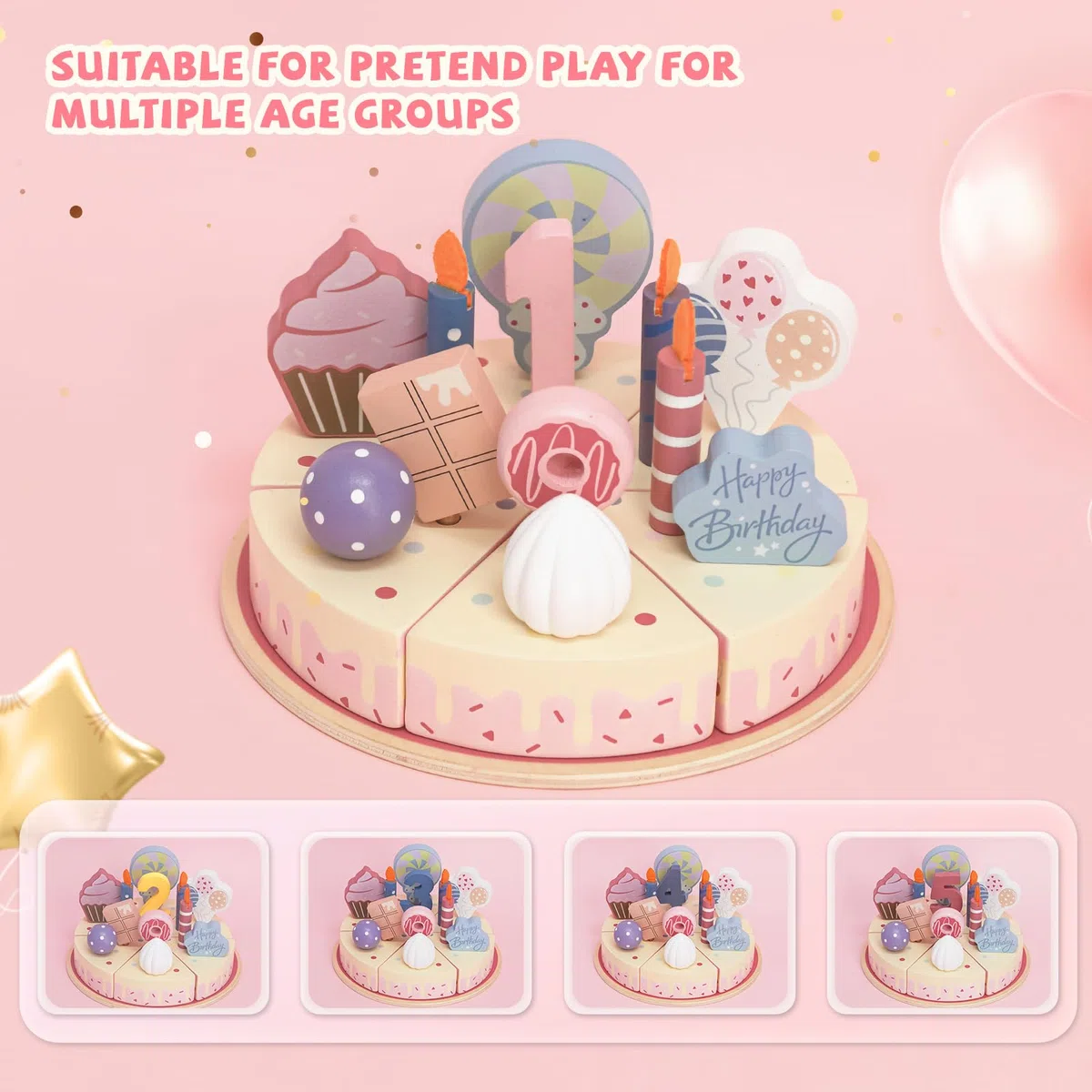 Torta finta di compleanno in legno con candele e numeri, set di torte giocattolo per bambini, torta di compleanno per giochi di finta, giocattoli regalo di compleanno per ragazzi e ragazze