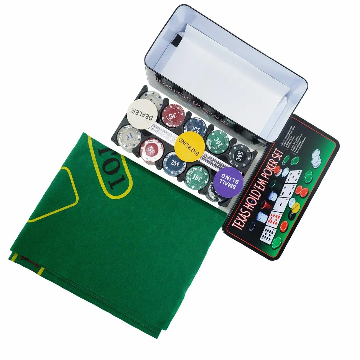 Set di poker - Blackjack in una scatola di metallo, 200 gettoni da poker, 2 mazzi, pulsante dealer, small blind, big blind, play mat