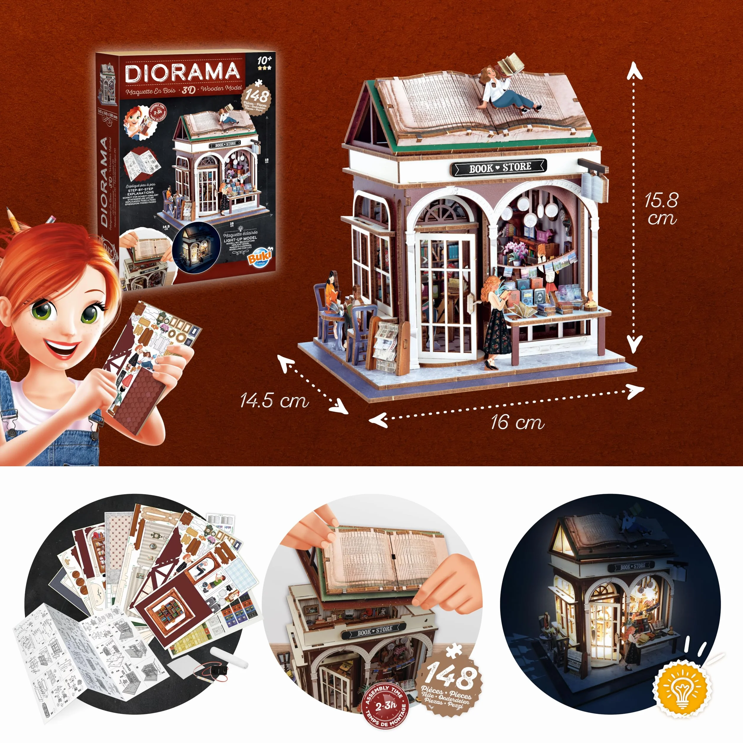 Diorama libreria - Modello di Libreria Miniatura in Legno con LED – Diorama Fai Da Te 148 Pezzi – Kit di Costruzione per Decorazione della Camera – Da 10 Anni – 14,5 x 16 x 18 cm - BUKI Francia