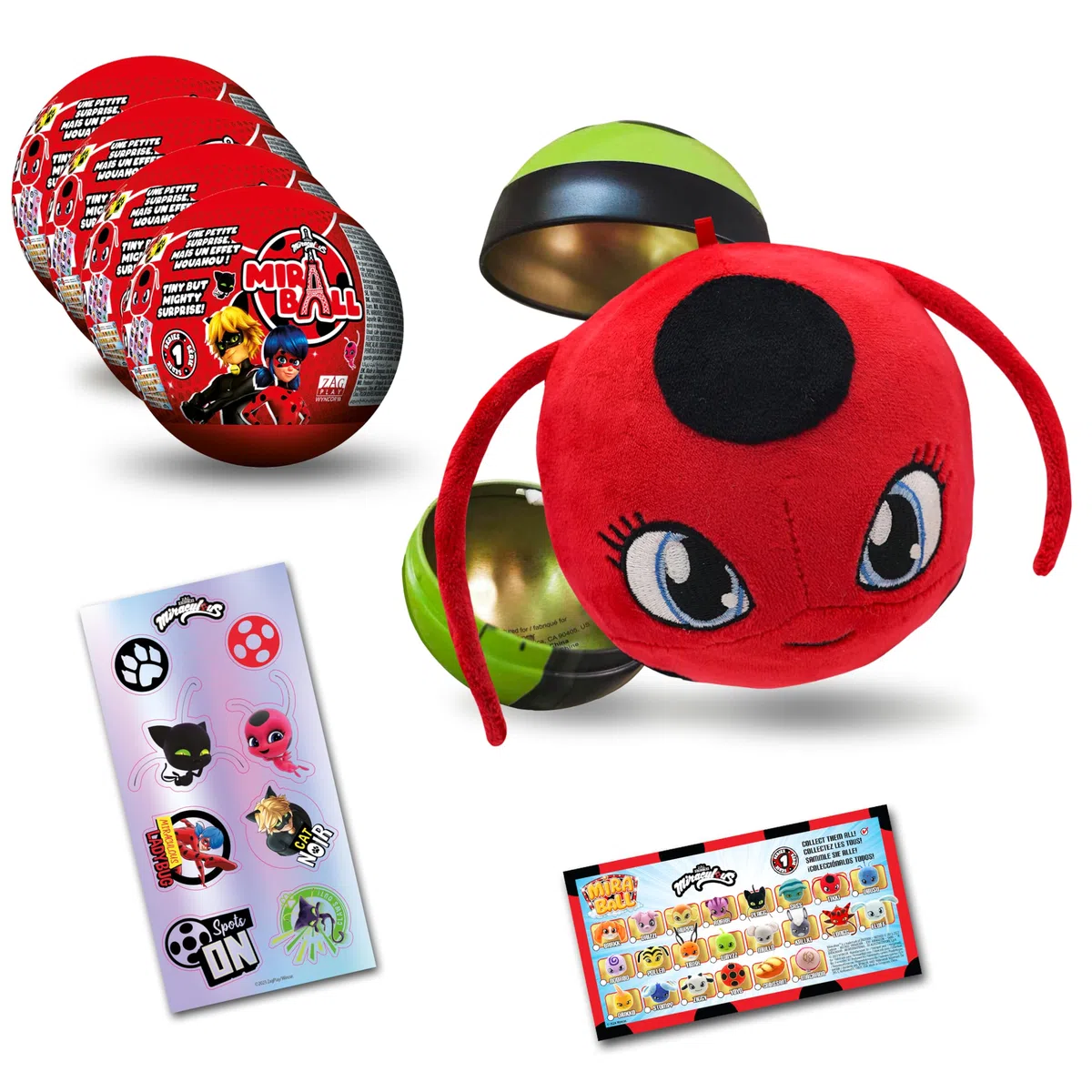 Miraculous Ladybug, giocattolo da collezione capsula 4-1, Set di 4, Miraball sorpresa: Kwami in peluche estensibile,Sfera di metallo con immagini dei personaggi,Adesivi luccicanti,Nastro per appendere