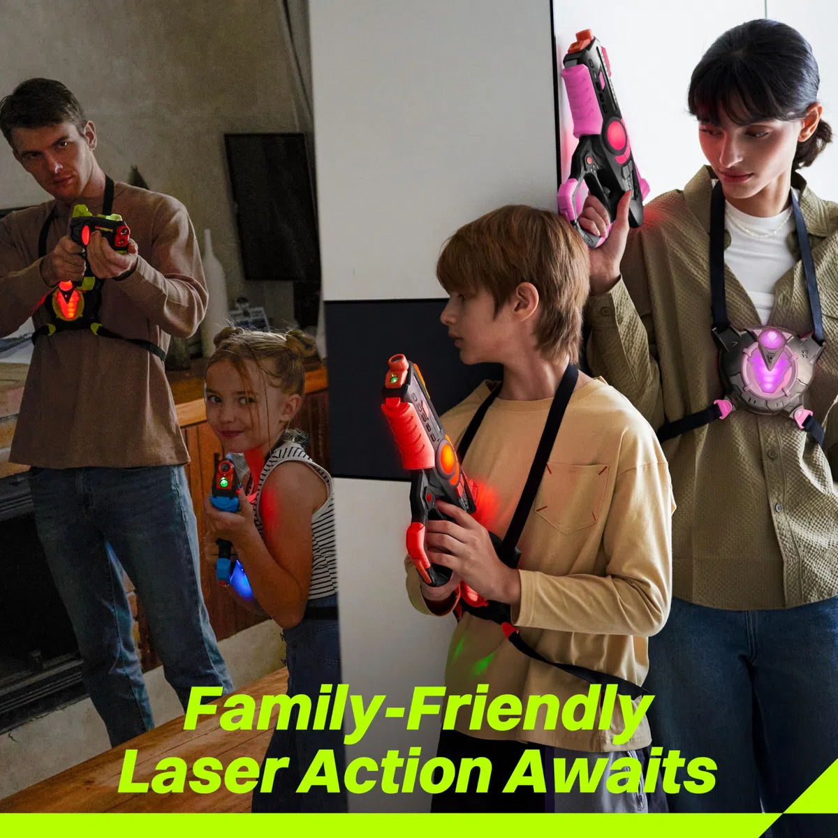 ZIFFY Set di 4 pistole laser tag con gilet, laser tag multifunzione per interni ed esterni, giochi di famiglia, regalo di Natale e compleanno, attività di gruppo, età 8+ (nero)