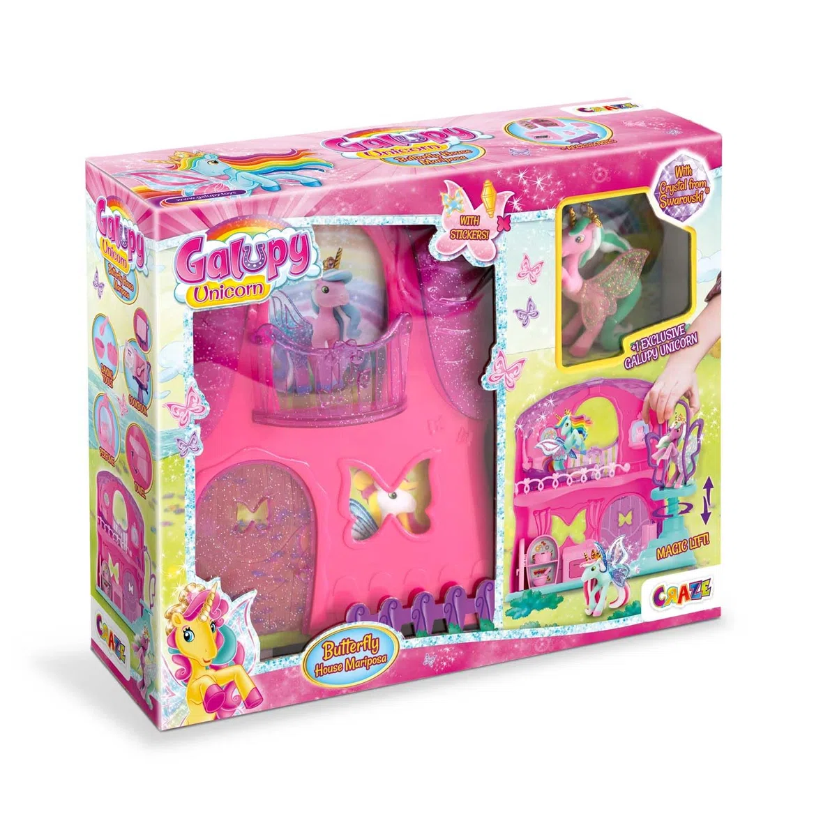 Galupy Playset Farfalla House, 1 statuetta Unicorno inclusa, 1 Butterfly House inclusa, playset Unicorno da collezione, giocattoli per bambini da 3 anni, Accessori inclusi