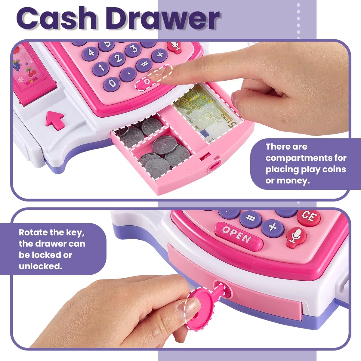 BUYGER Grande Registratore di Cassa Giocattolo per Bambini con Stampante per Ricevute, Scanner, Microfono, Calcolatrice, Supermercato Giochi di Ruolo Regalo per Bambina 3 + Anni