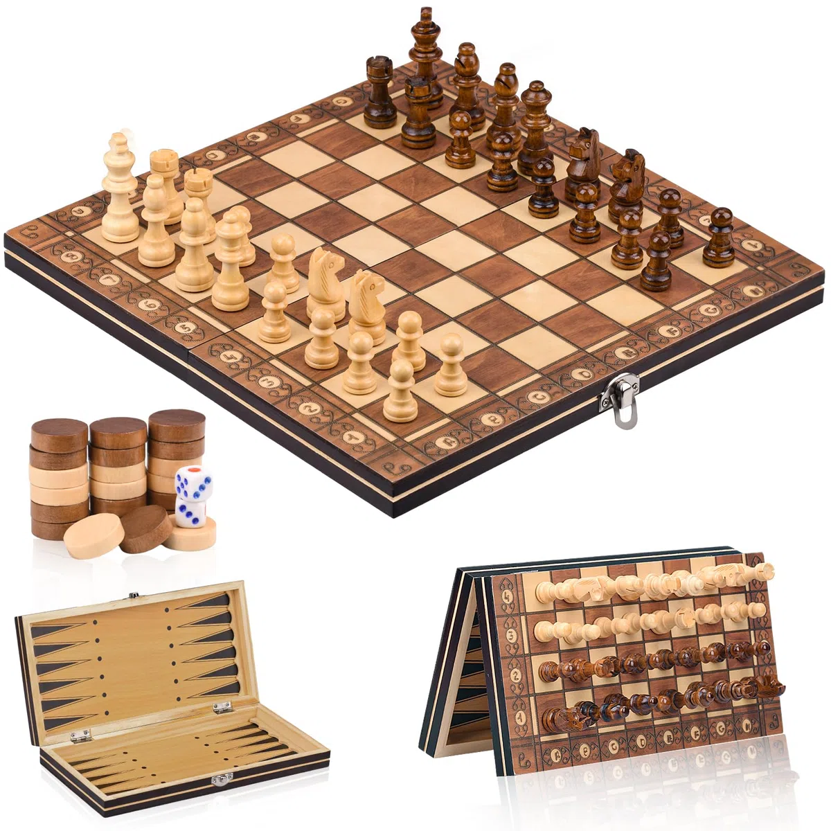 Scacchiera in Legno,3 in 1 Scacchiera Pieghevole,Magnetici Scacchi, Backgammon, Dama per Bambini e Adulti Feste Attività di Famiglia(29 * 29cm)