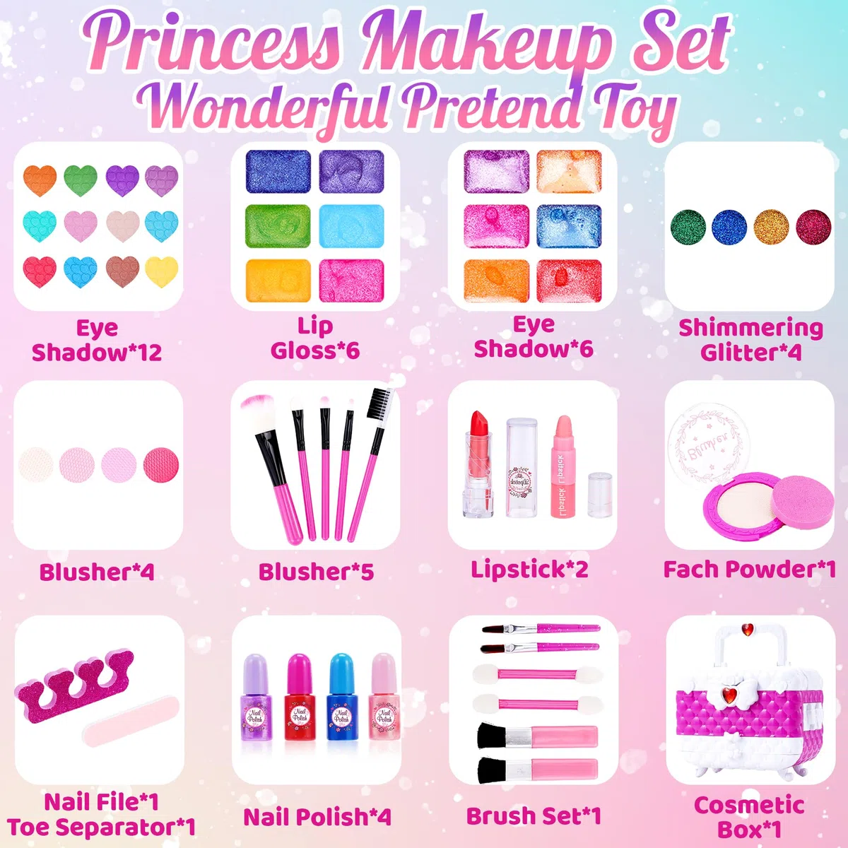 53 pezzi Set di trucco per bambini, set di trucco per ragazze, set di trucco sicuro e lavabile, non tossico, set regalo di trucco, giocattolo per gioco di ruolo per Natale e Halloween, valigetta per