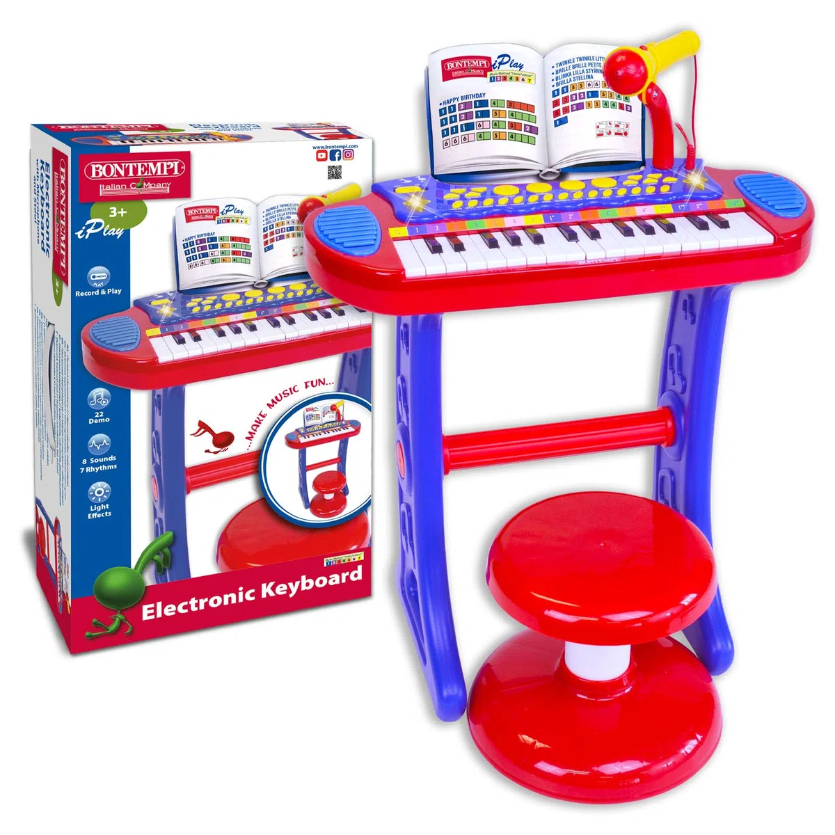 Bontempi | MiniMaestro - Tastiera Giocattolo Elettronica a 31 Tasti con Microfono e Accessori, Blu e Rosso, 450x430x610 mm