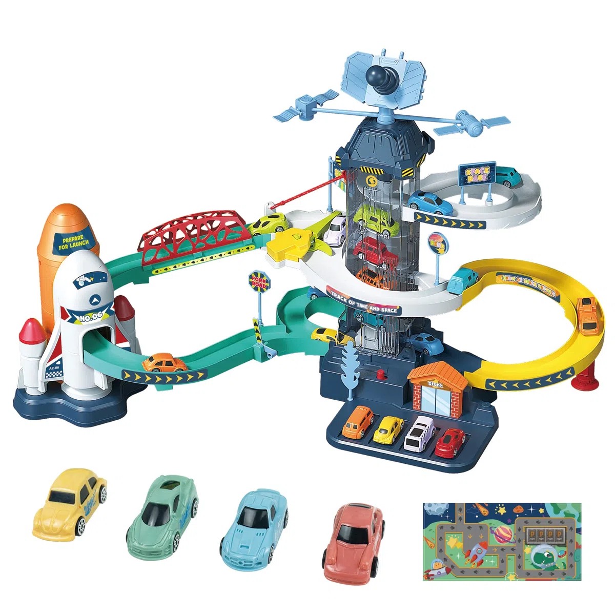 RedCrab Ascensore per auto da corsa per ragazzi, rampa spaziale per bambini rampa per arrampicata colline parcheggio avventura playset, auto satellitari garage pista con ascensore elettrico giocattolo