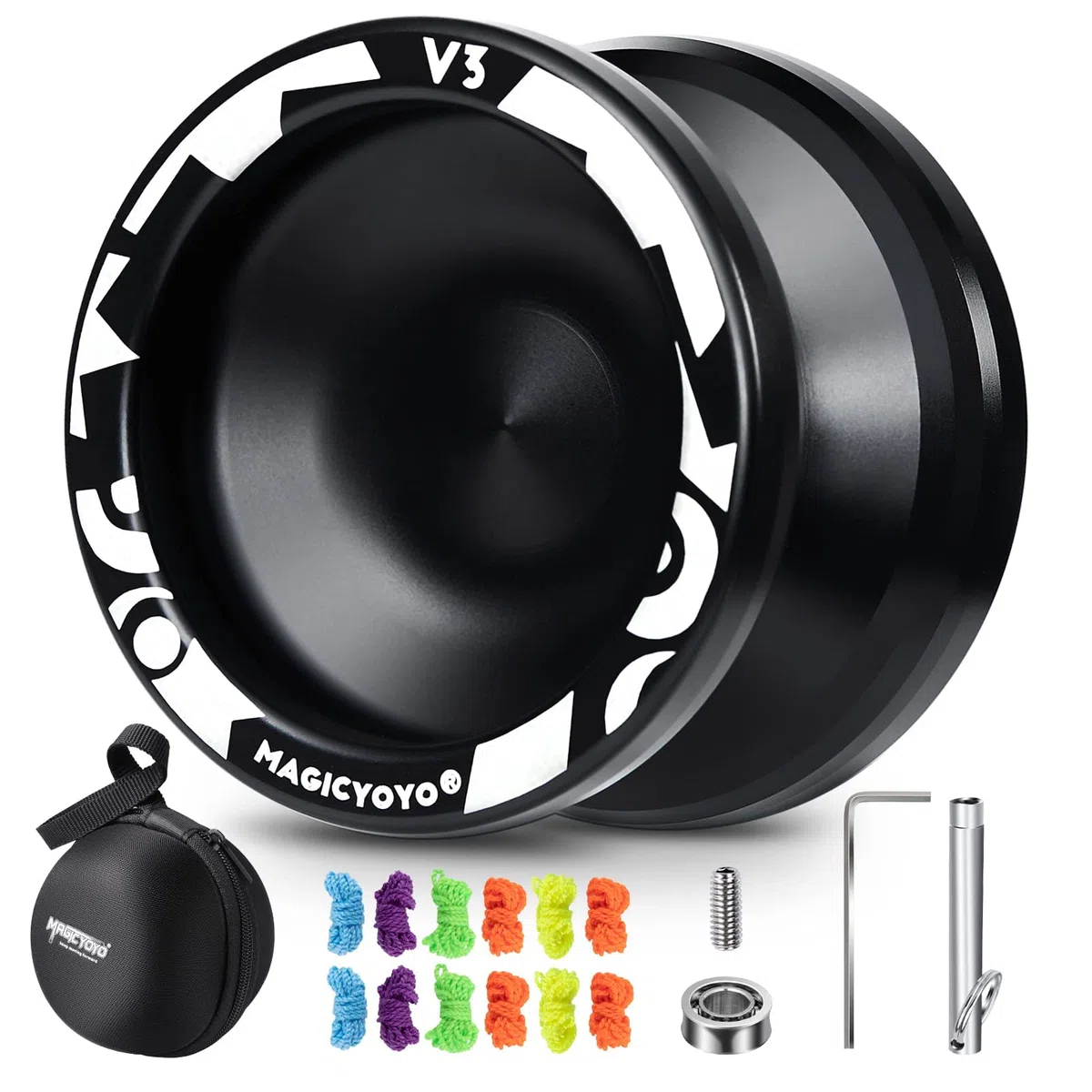 MAGICYOYO Professional Responsive Yoyo V3, Metal Alloy Yoyo for Kids Yoyo Beginner, with 12 Yoyo Strings + Replacement Unresponsive Bearing + Yo-Yo Bag + Bearing Removal Tool + Long Axle (Black)
