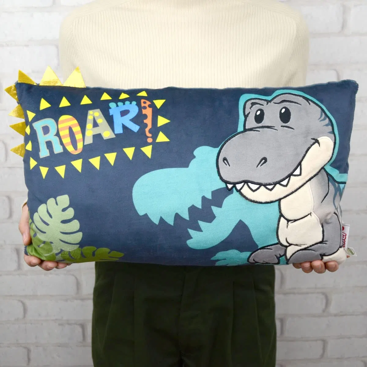 NICI Cuscino Dino Tony-Rex 43 x 25 cm – Cuscino Rettangolare con Simpatico Disegno di Dinosauro, Cuscino Decorativo per Bambini e Adulti, 48819, Idea Regalo, Blu