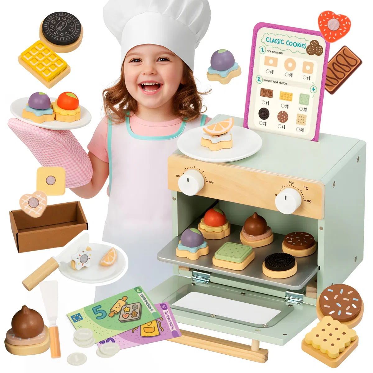 Nene Toys Pasticceria di Biscotti in Legno per Bambini 3+ Anni – Set Completo con Mini Forno, Menù & Soldi Finti – Gioco di Ruolo Educativo & Primi Calcoli – Regalo 3–6 Anni